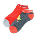 Two ankle socks; one coral, one gray with a cute cartoon pear design.  Both socks have coral and white stripes at the top.