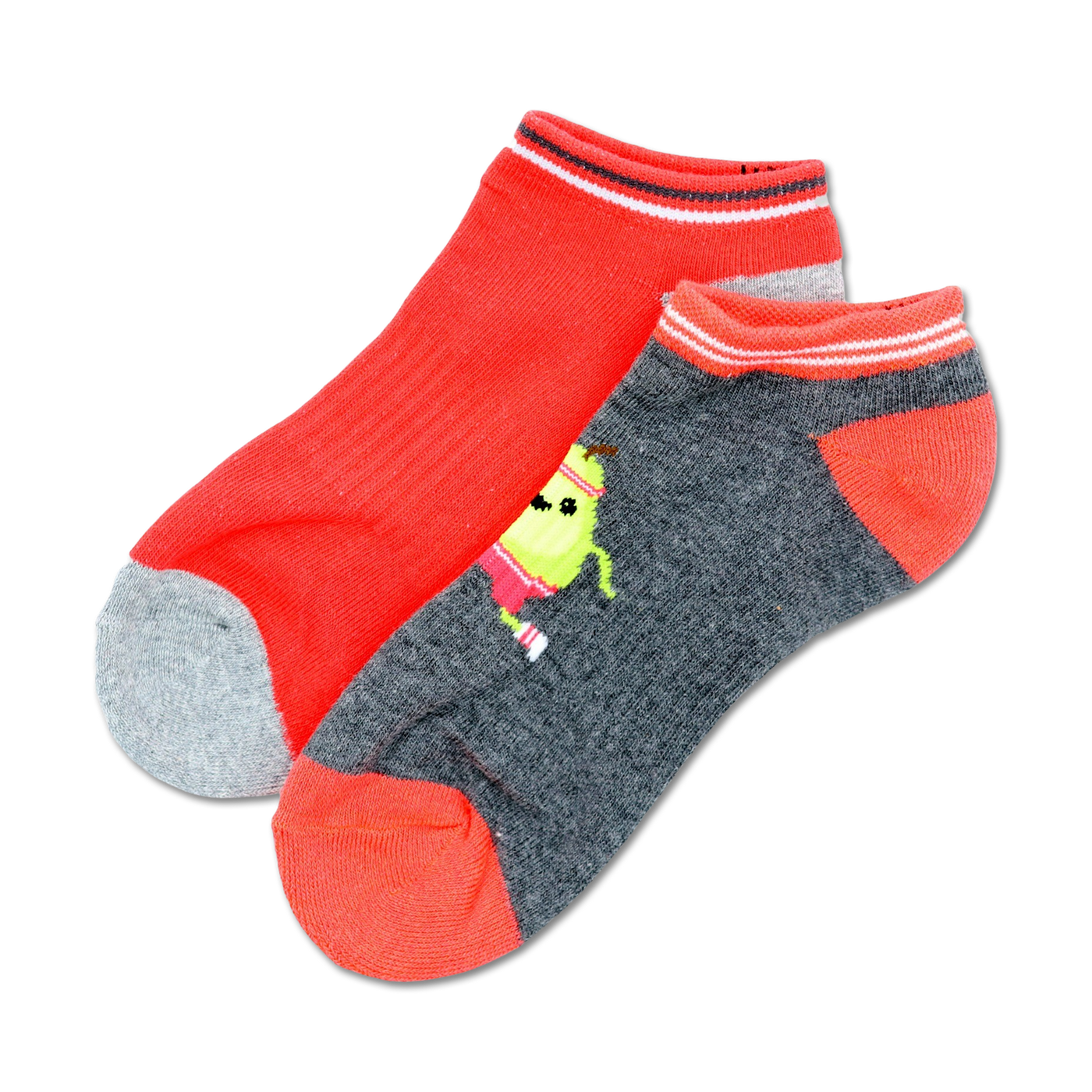 Two ankle socks; one coral, one gray with a cute cartoon pear design.  Both socks have coral and white stripes at the top.