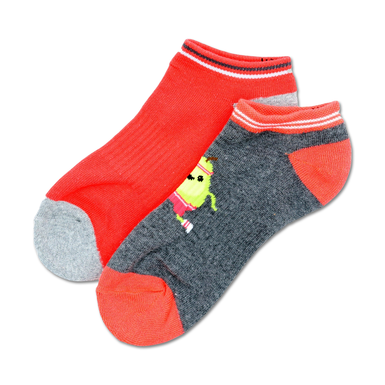 Two ankle socks; one coral, one gray with a cute cartoon pear design.  Both socks have coral and white stripes at the top.