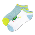 Two pairs of low-cut socks. One is light blue with a neon yellow heel and toe. The other is white with a light blue heel and toe and a cartoon avocado design.