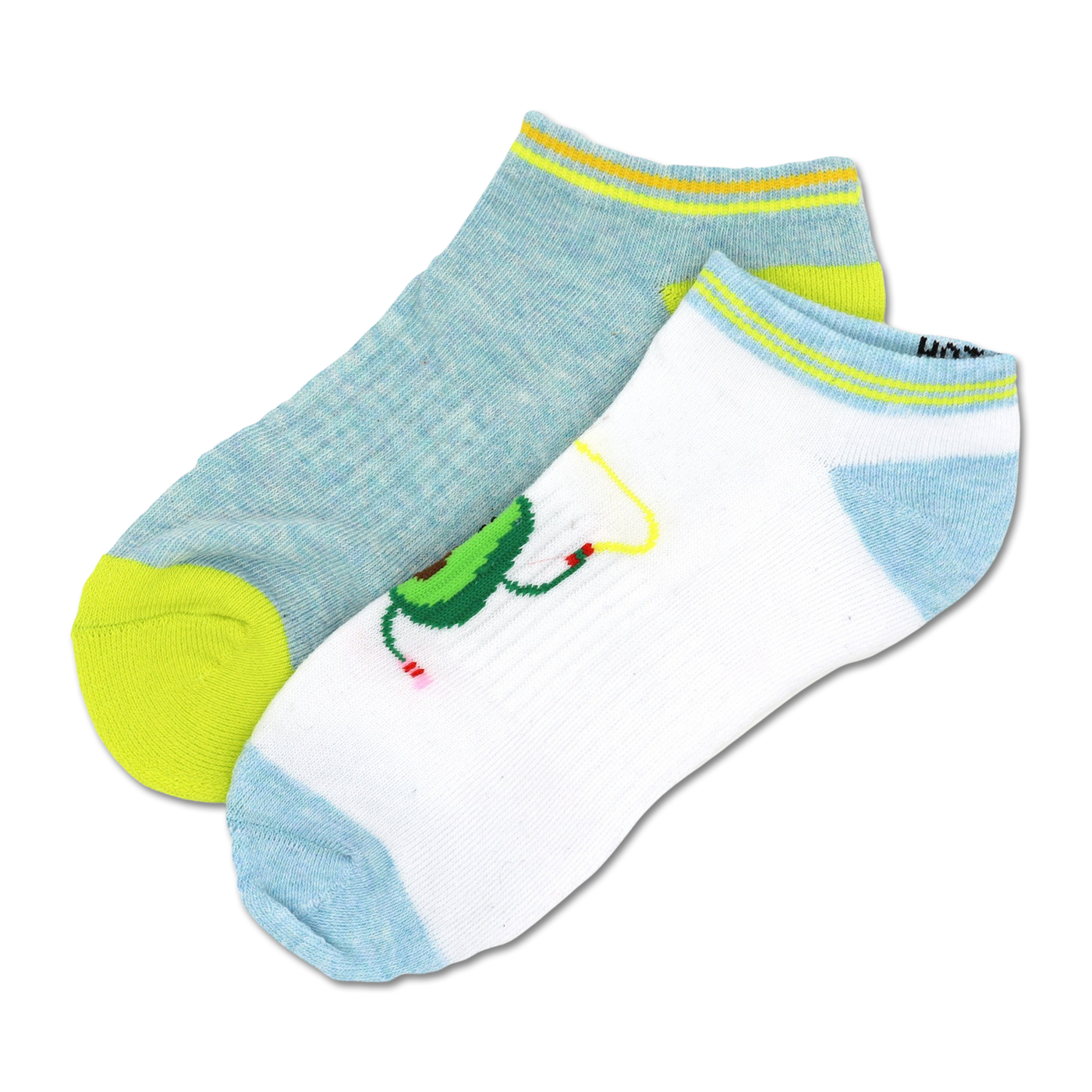 Two pairs of low-cut socks. One is light blue with a neon yellow heel and toe. The other is white with a light blue heel and toe and a cartoon avocado design.