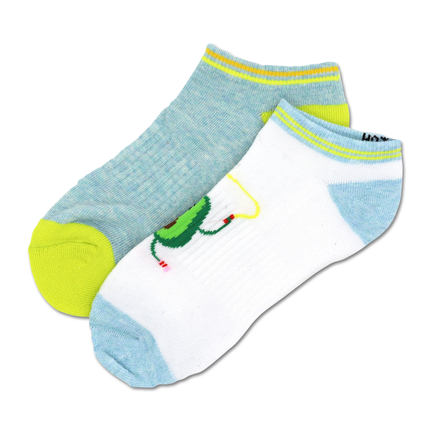 Two pairs of low-cut socks. One is light blue with a neon yellow heel and toe. The other is white with a light blue heel and toe and a cartoon avocado design.