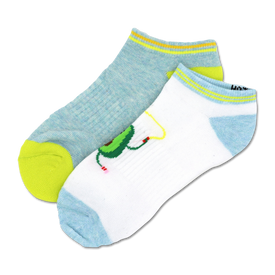  white and light blue avocado socks. jumping avocado on one side, green heel and toe on the other.  