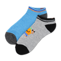 Two ankle socks; one light blue with gray heel and toe, the other gray with an orange weightlifting cartoon, black heel and toe.