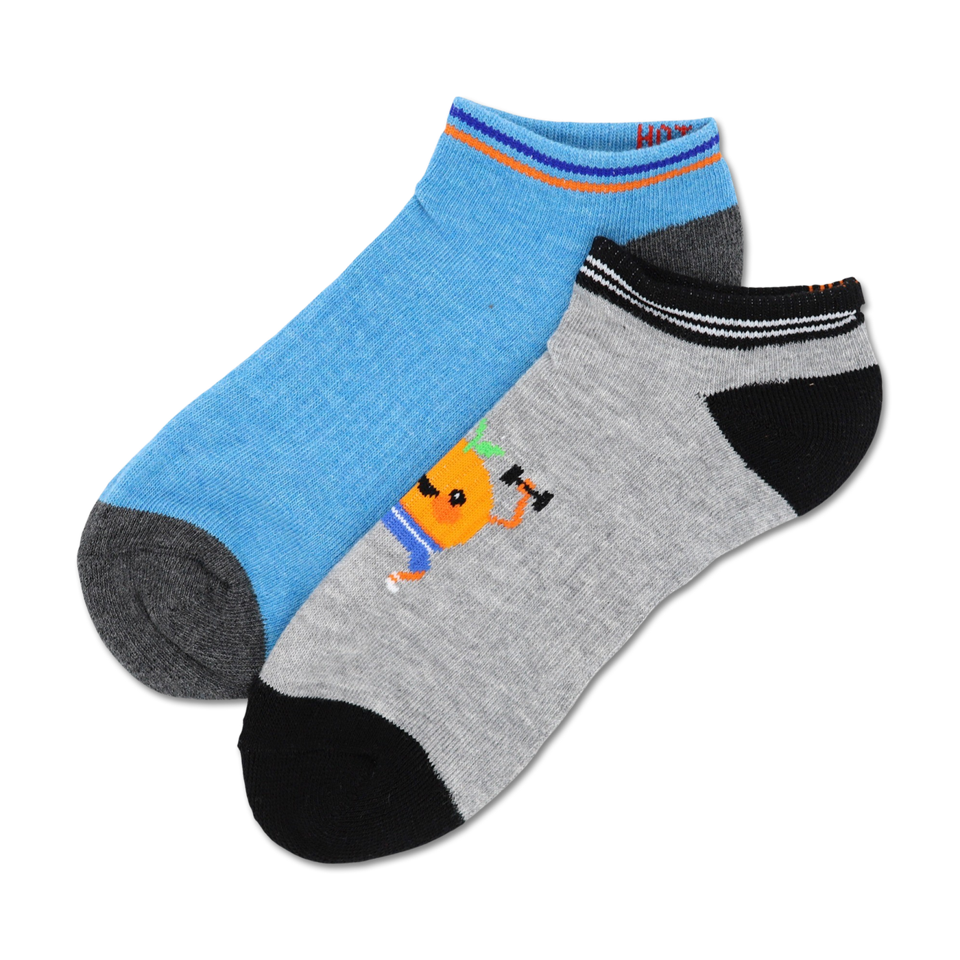 Two ankle socks; one light blue with gray heel and toe, the other gray with an orange weightlifting cartoon, black heel and toe.