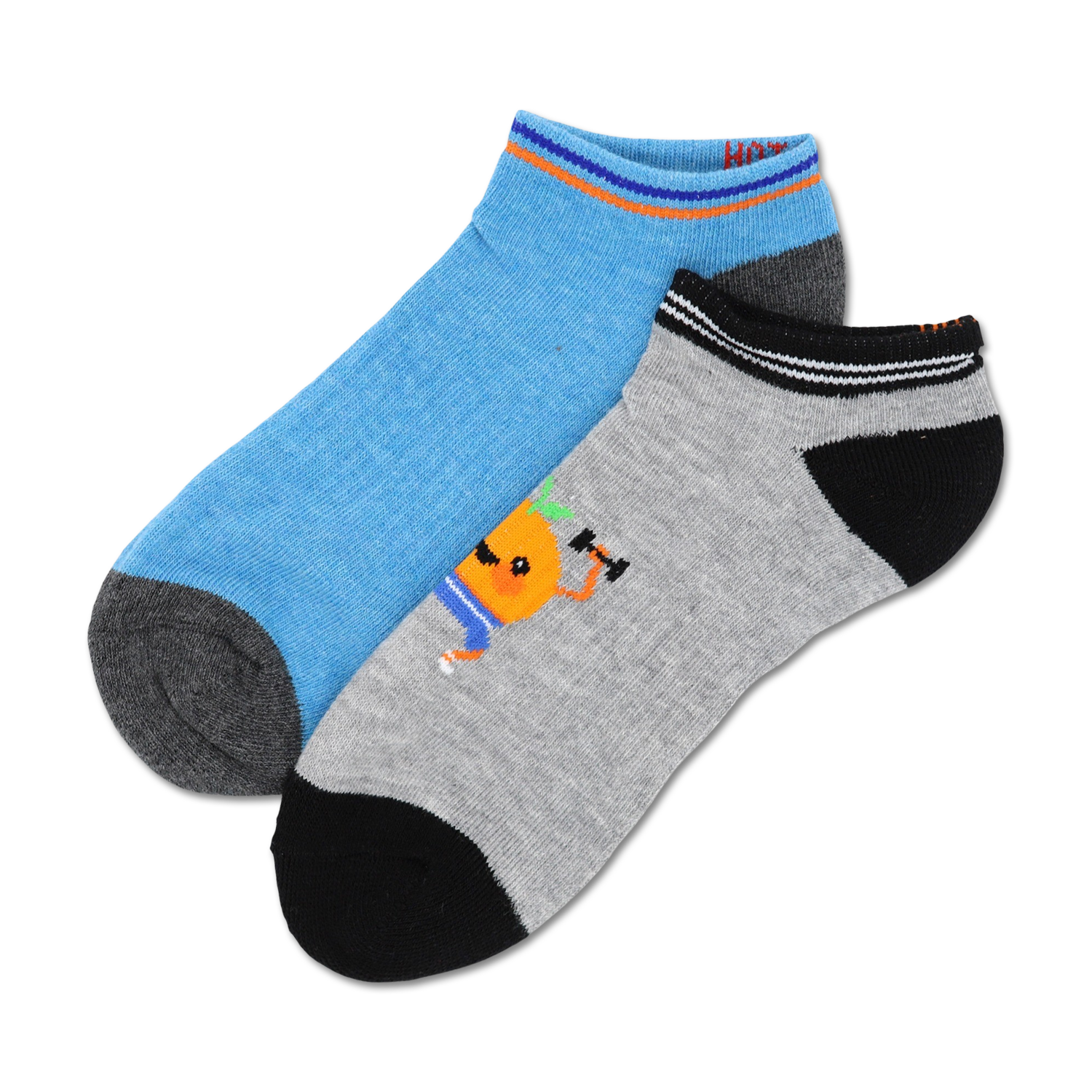 Two ankle socks; one light blue with gray heel and toe, the other gray with an orange weightlifting cartoon, black heel and toe.