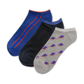 Three no-show socks: blue with red stripes, dark blue, and grey with purple lightning bolt pattern.
