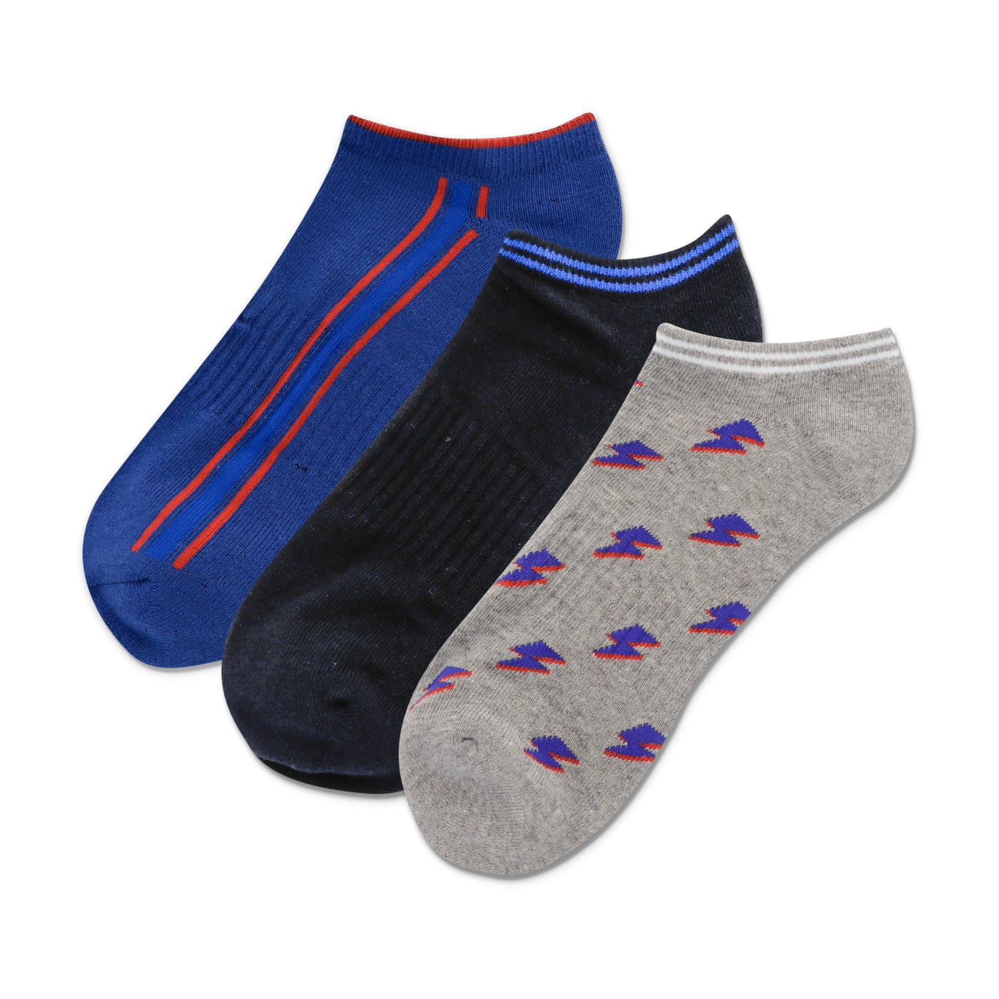 Three no-show socks: blue with red stripes, dark blue, and grey with purple lightning bolt pattern.