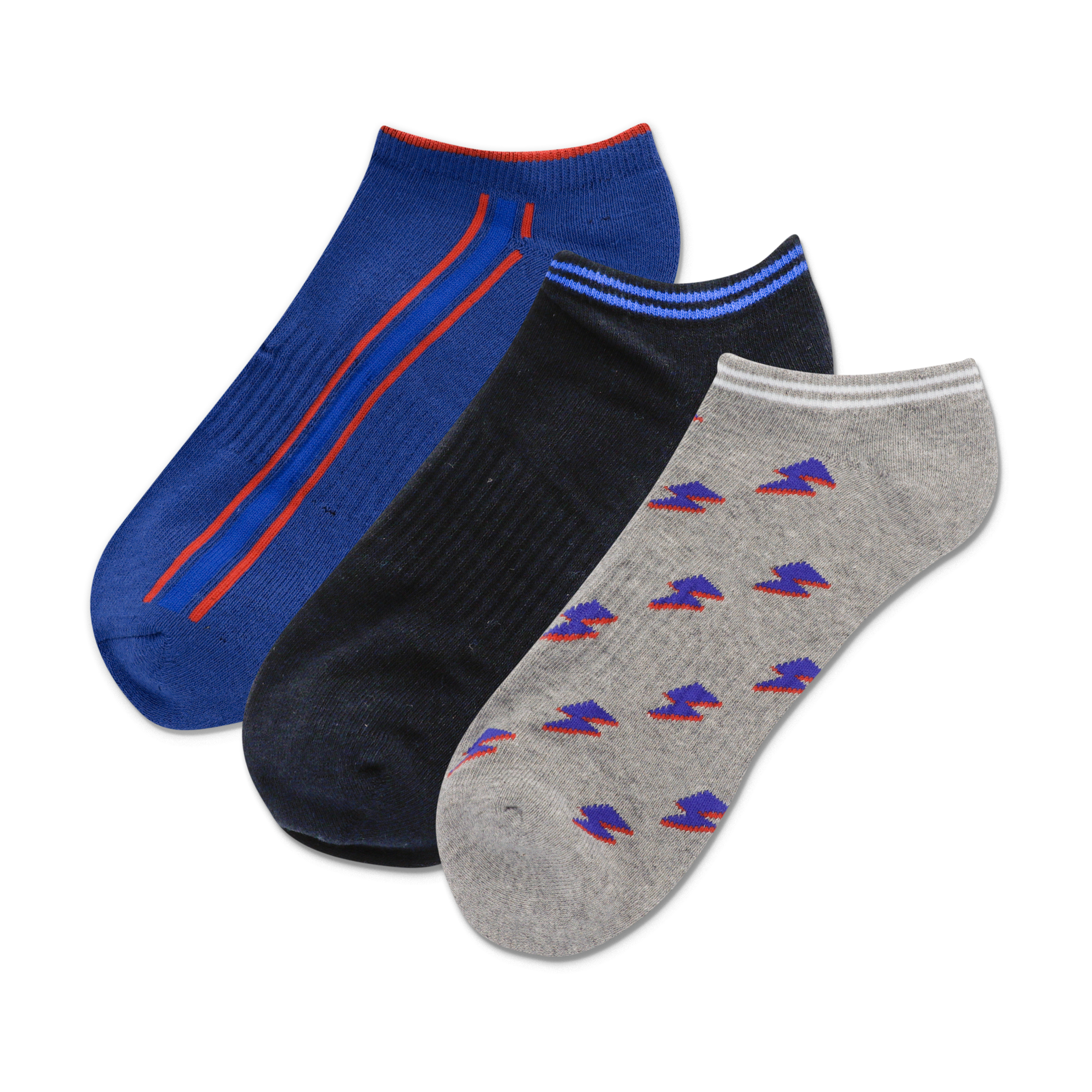Three no-show socks: blue with red stripes, dark blue, and grey with purple lightning bolt pattern.