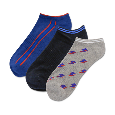 Three no-show socks: blue with red stripes, dark blue, and grey with purple lightning bolt pattern.