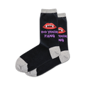 Pair of black crew socks with a grey cuff.  Features a red vampire lip design and the text 'Do Your Fang' in purple.