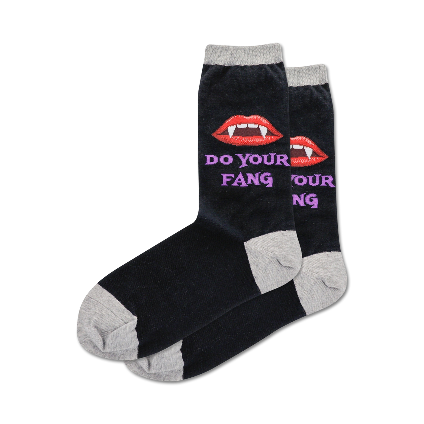 Pair of black crew socks with a grey cuff.  Features a red vampire lip design and the text 'Do Your Fang' in purple.