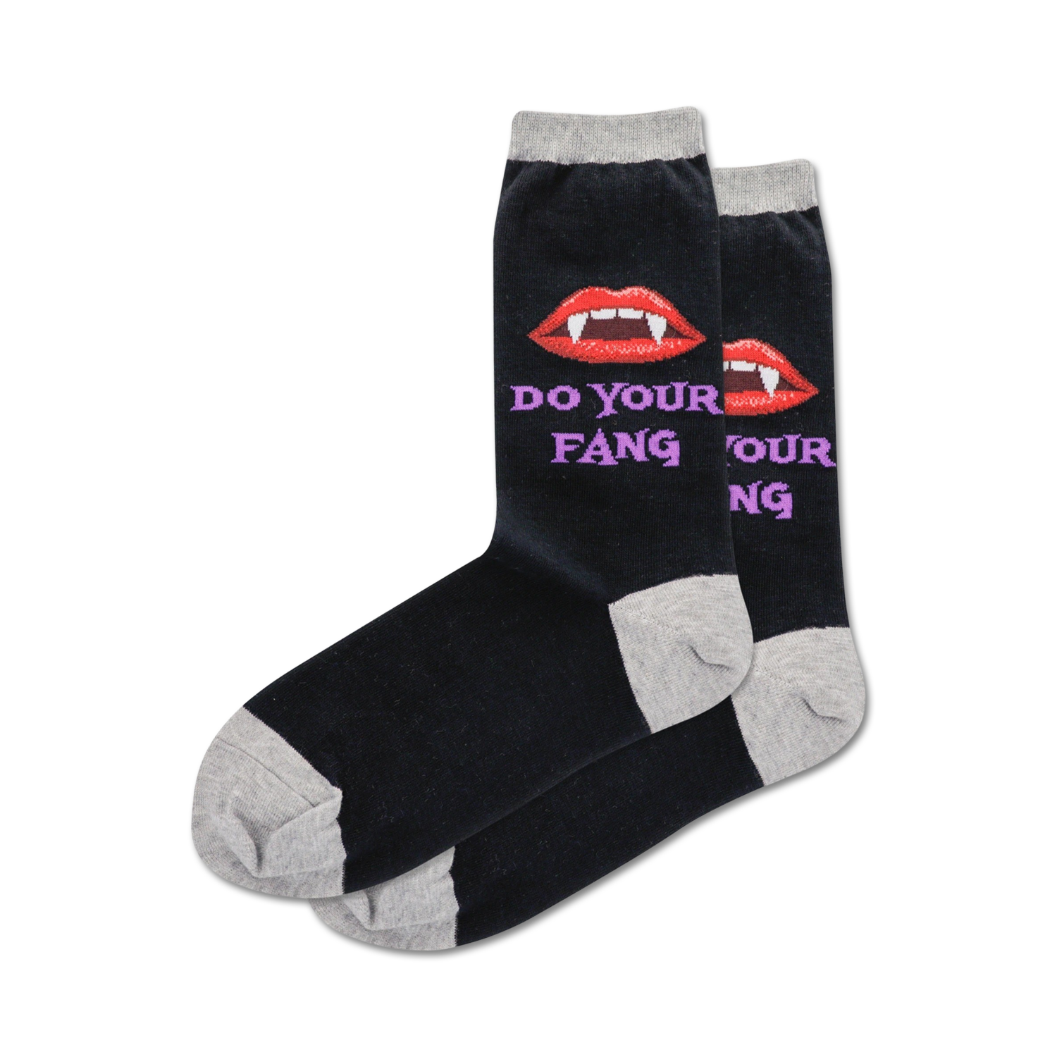 Pair of black crew socks with a grey cuff.  Features a red vampire lip design and the text 'Do Your Fang' in purple.