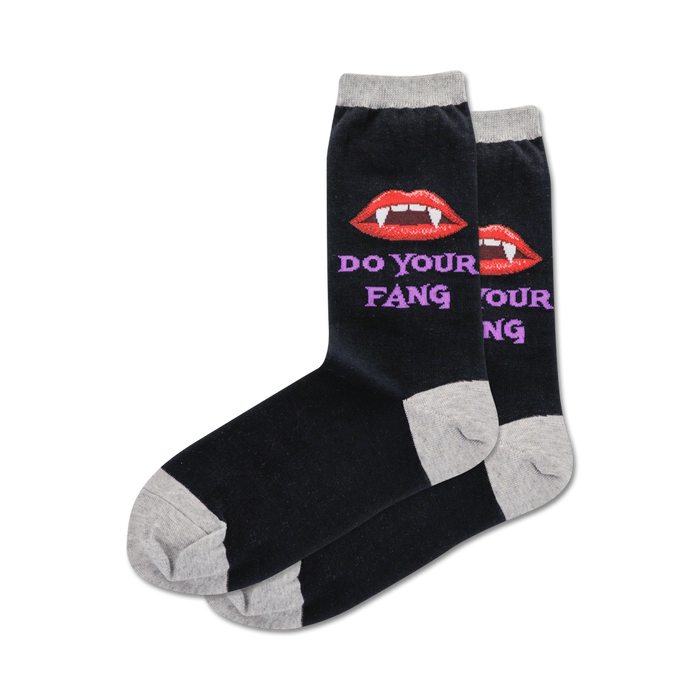 women's do your fang crew sock features a pattern of red vampire lips and sharp white fangs.    }}