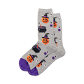 Pair of grey crew socks with purple cuffs. Features a whimsical Halloween design: witch pumpkins, cauldrons, potion bottles, and skulls.
