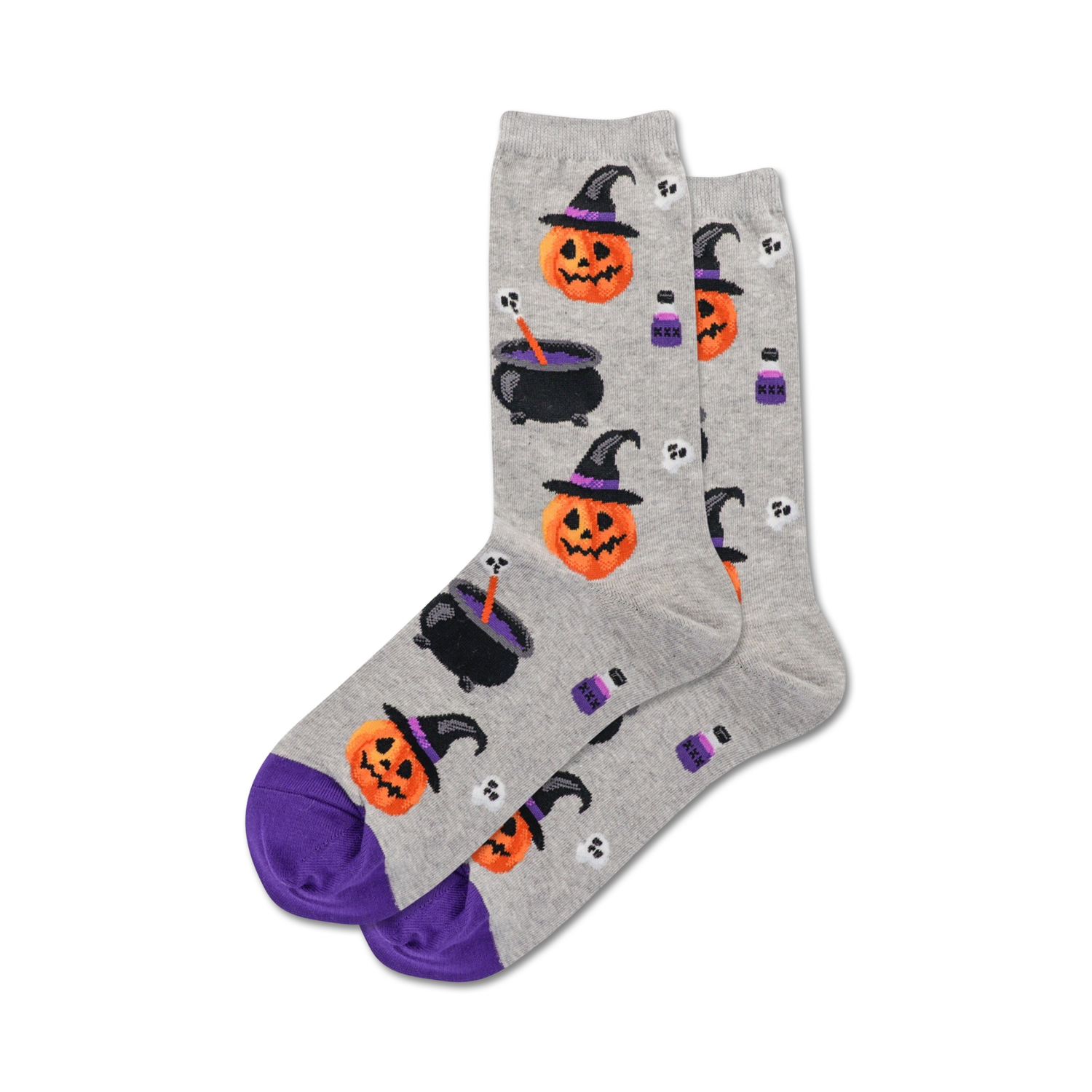 Pair of grey crew socks with purple cuffs. Features a whimsical Halloween design: witch pumpkins, cauldrons, potion bottles, and skulls.