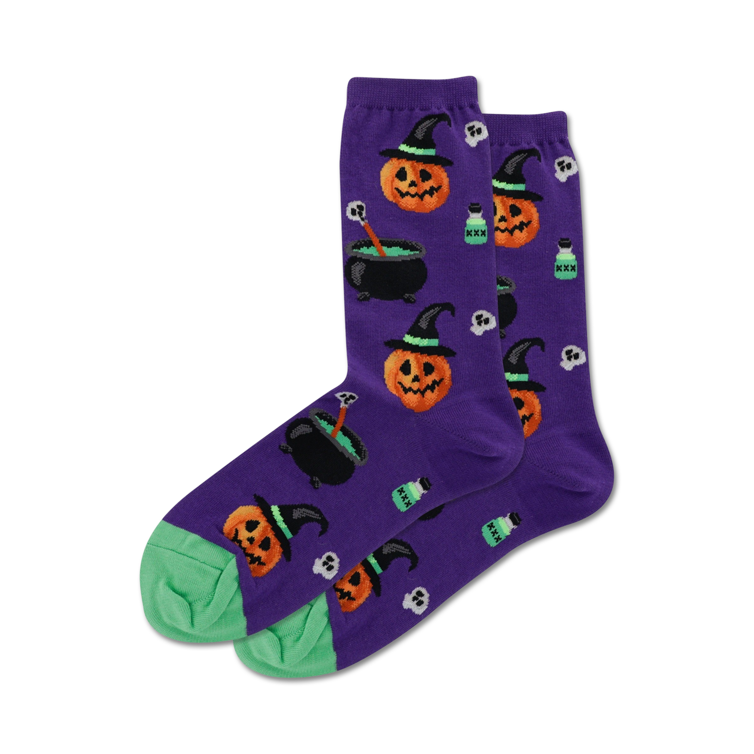 Lifestyle shot showing the purple Witch Pumpkin socks on a person's feet. The socks are styled with a dark colored shoe.