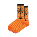 Pair of orange and black striped crew socks.  Features a black spider and web design.