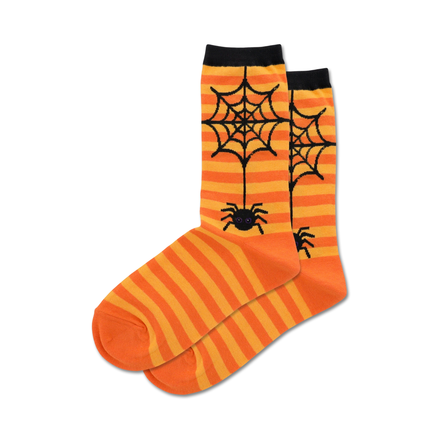 Pair of orange and black striped crew socks.  Features a black spider and web design.
