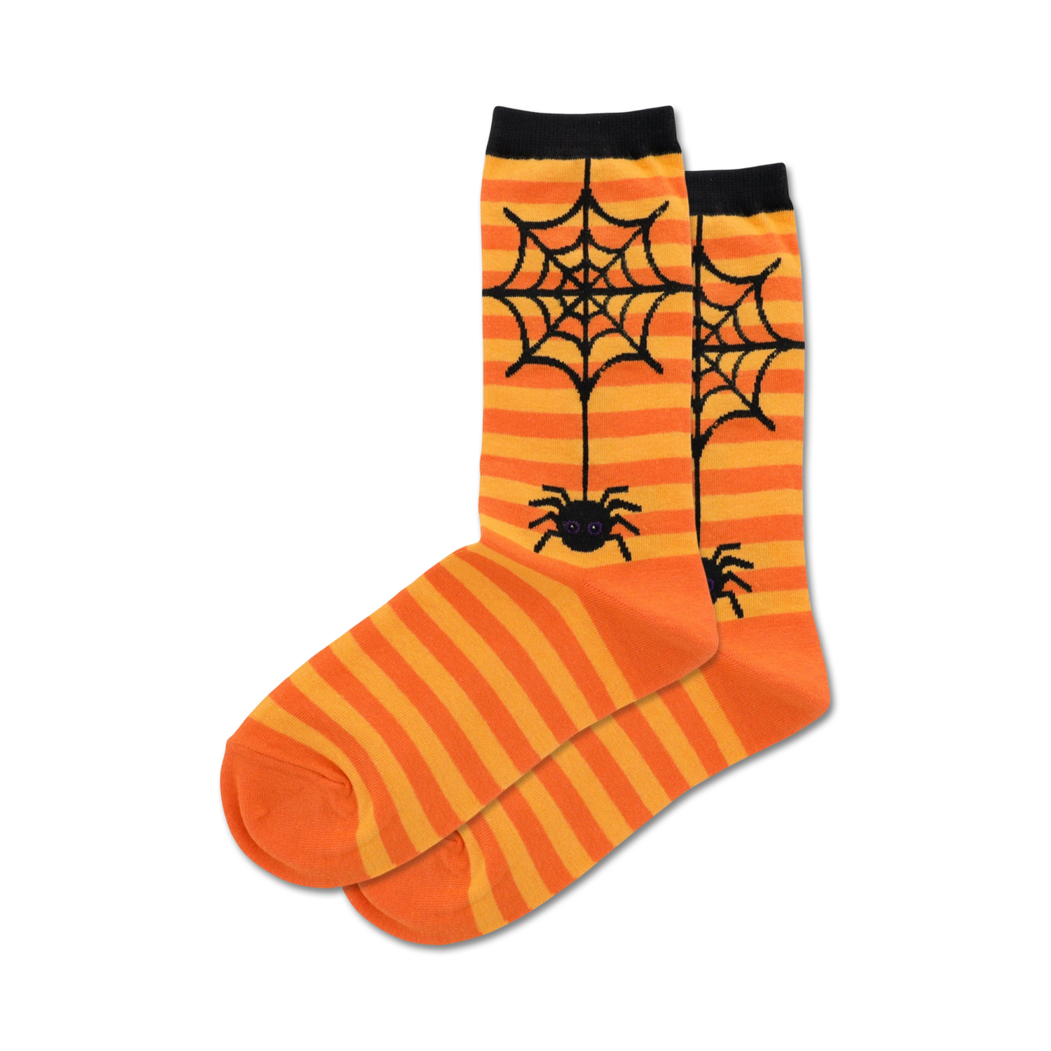 Pair of orange and black striped crew socks.  Features a black spider and web design.