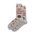 Pair of gray crew socks with Thanksgiving-themed illustrations: pie, turkey, apples, and the text 'Here for the Food'.