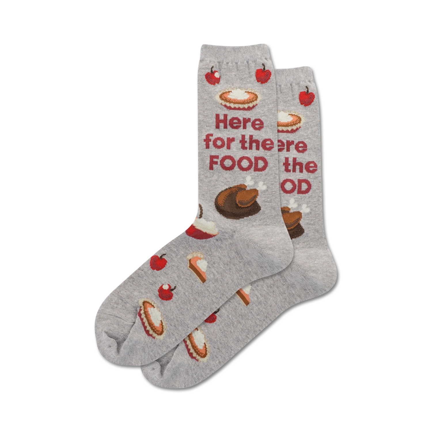 Pair of gray crew socks with Thanksgiving-themed illustrations: pie, turkey, apples, and the text 'Here for the Food'.