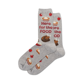   gray crew socks with thanksgiving-themed food pattern and "here for the food" in black   