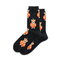 Pair of black crew socks with repeating pattern of orange pumpkins with corgi faces.  Cute Halloween design!