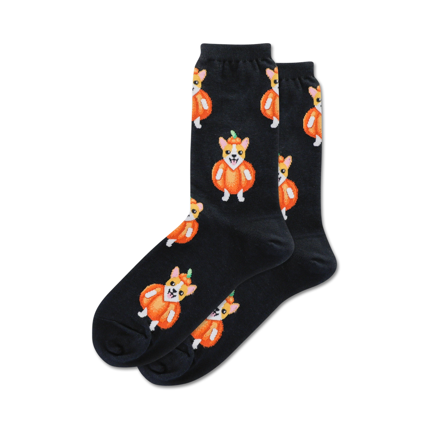 Pair of black crew socks with repeating pattern of orange pumpkins with corgi faces.  Cute Halloween design!