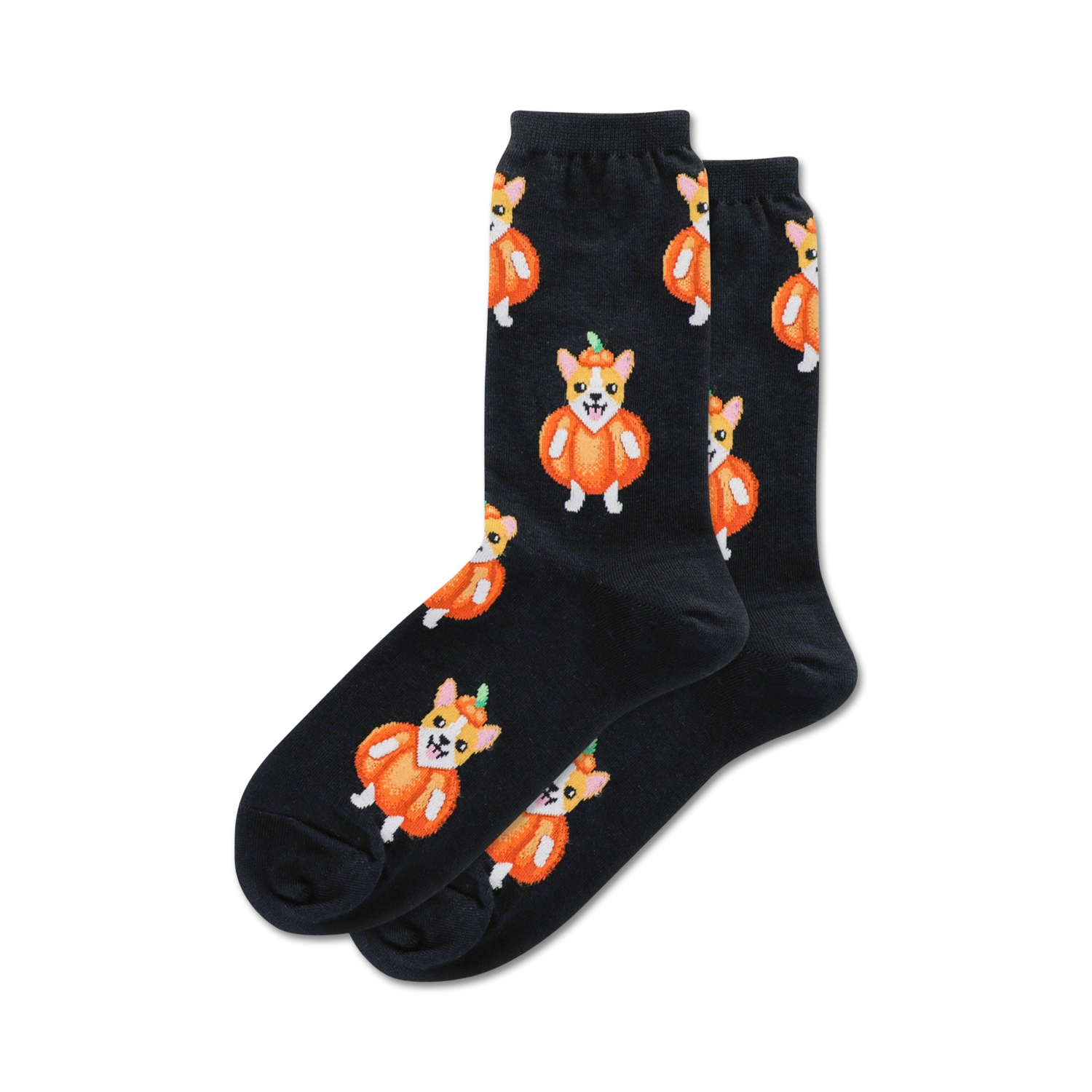 Pair of black crew socks with repeating pattern of orange pumpkins with corgi faces.  Cute Halloween design!