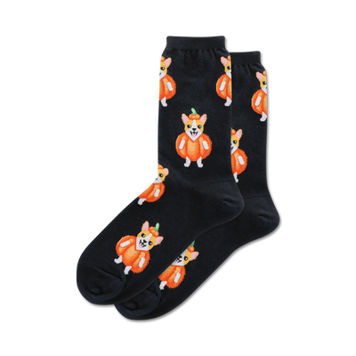 womens black crew socks with cartoon corgis wearing pumpkin costumes. halloween themed.   