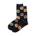 Pair of black crew socks adorned with festive images of Christmas donuts and reindeer faces in green, red, and brown.