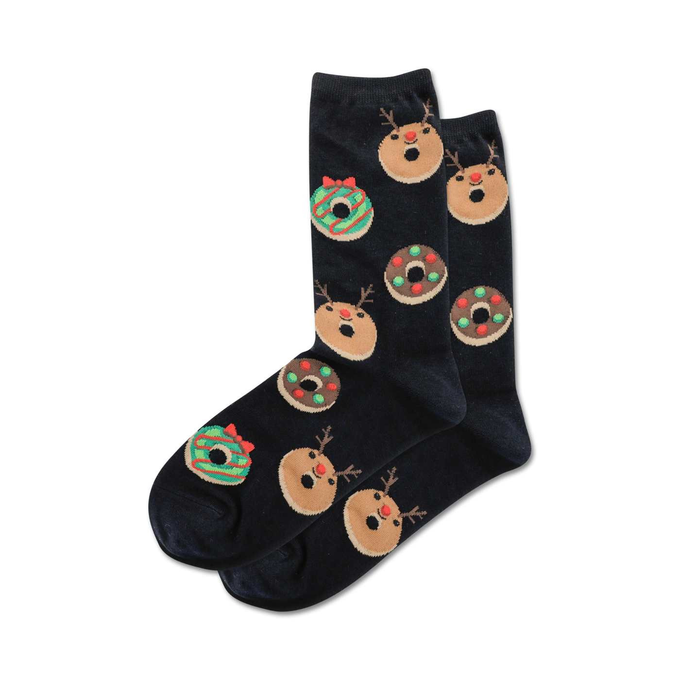 Pair of black crew socks adorned with festive images of Christmas donuts and reindeer faces in green, red, and brown.