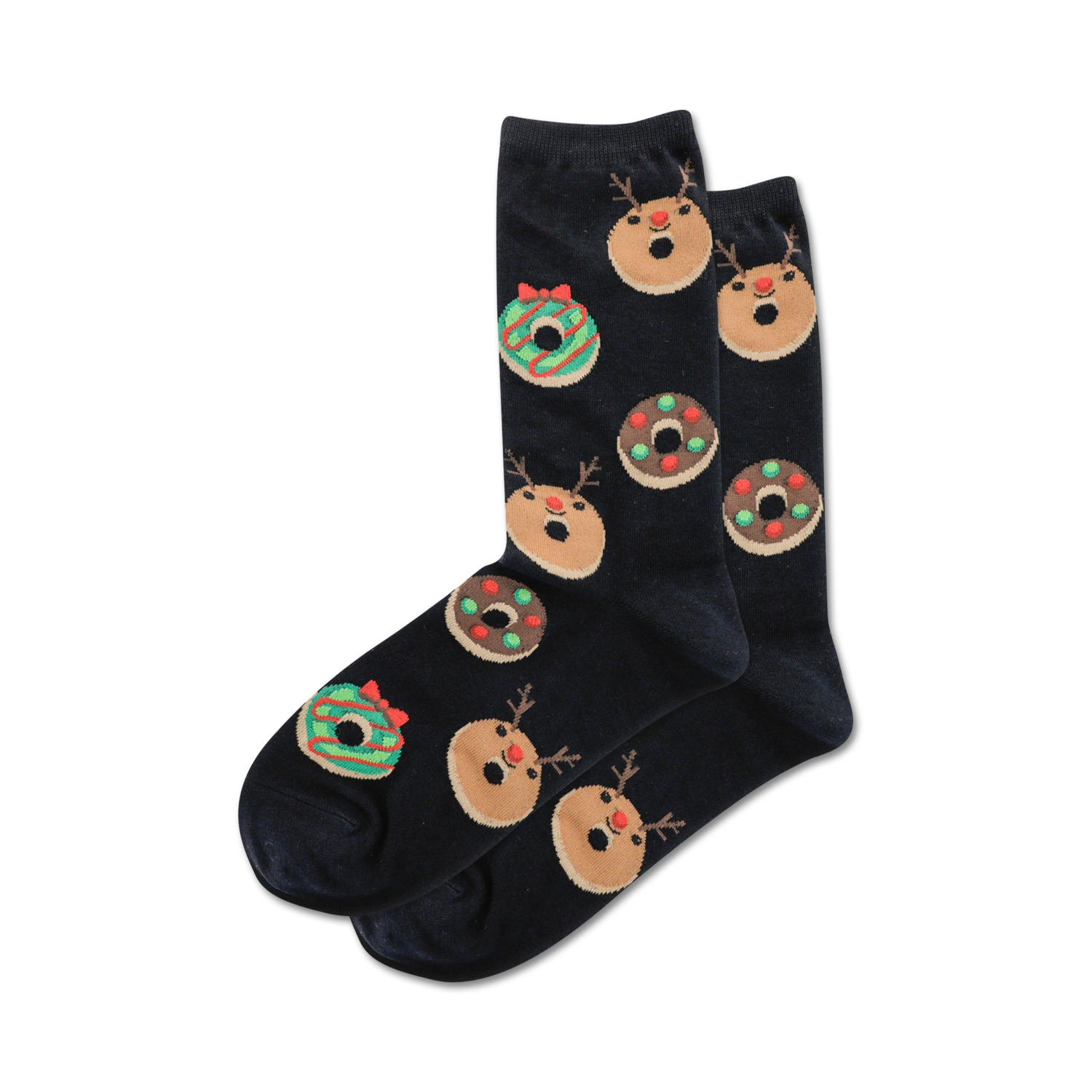 Pair of black crew socks adorned with festive images of Christmas donuts and reindeer faces in green, red, and brown.