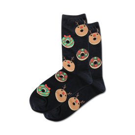 black crew socks adorned with pattern of christmas donuts and reindeer. red, green, and white color scheme. perfect for the holiday season.   