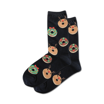 black crew socks adorned with pattern of christmas donuts and reindeer. red, green, and white color scheme. perfect for the holiday season.   