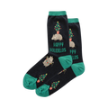 Crew socks in navy blue with teal cuffs.  Design includes armadillos carrying miniature Christmas trees and string lights.  'Happy Holidillos' is printed on the socks.