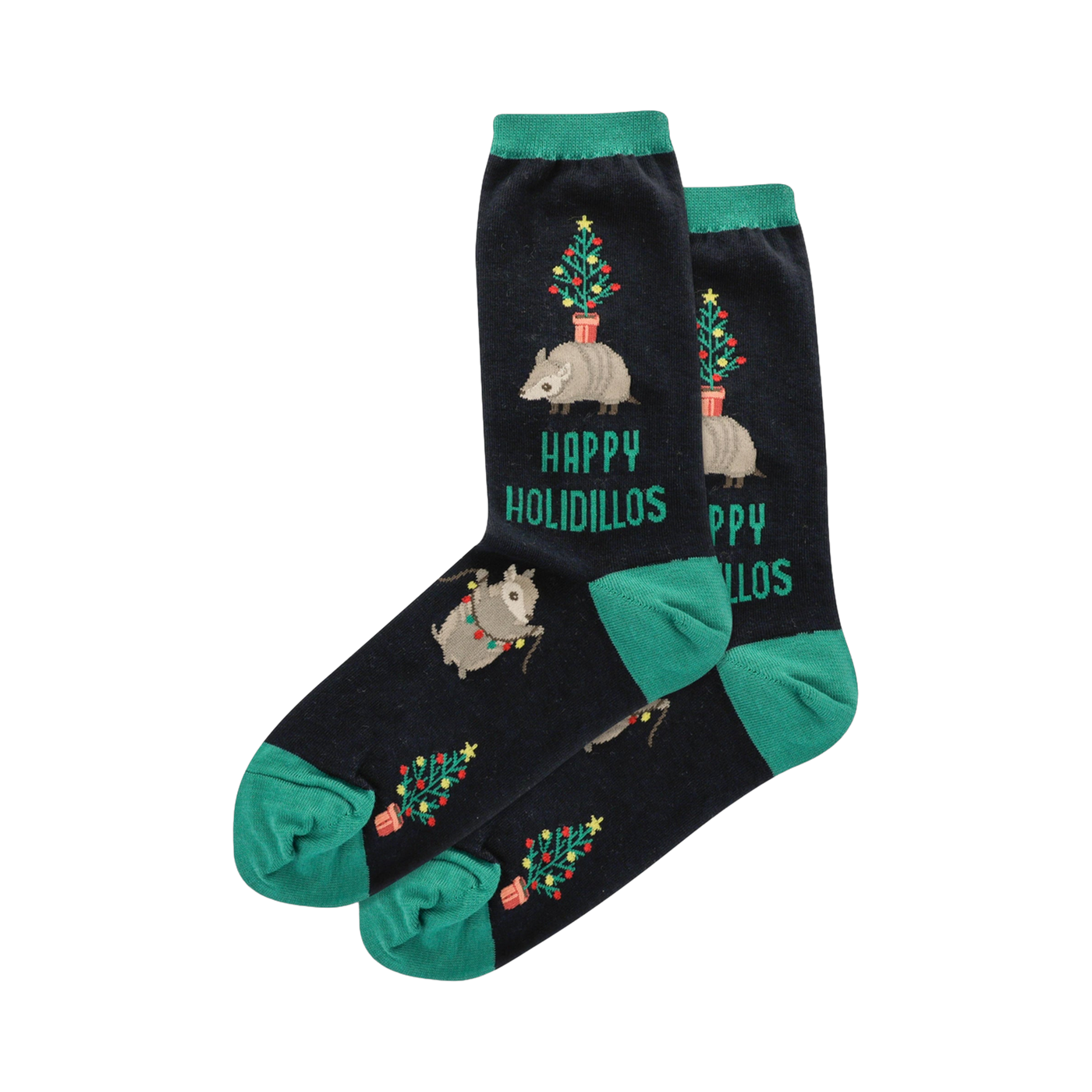 Crew socks in navy blue with teal cuffs.  Design includes armadillos carrying miniature Christmas trees and string lights.  'Happy Holidillos' is printed on the socks.