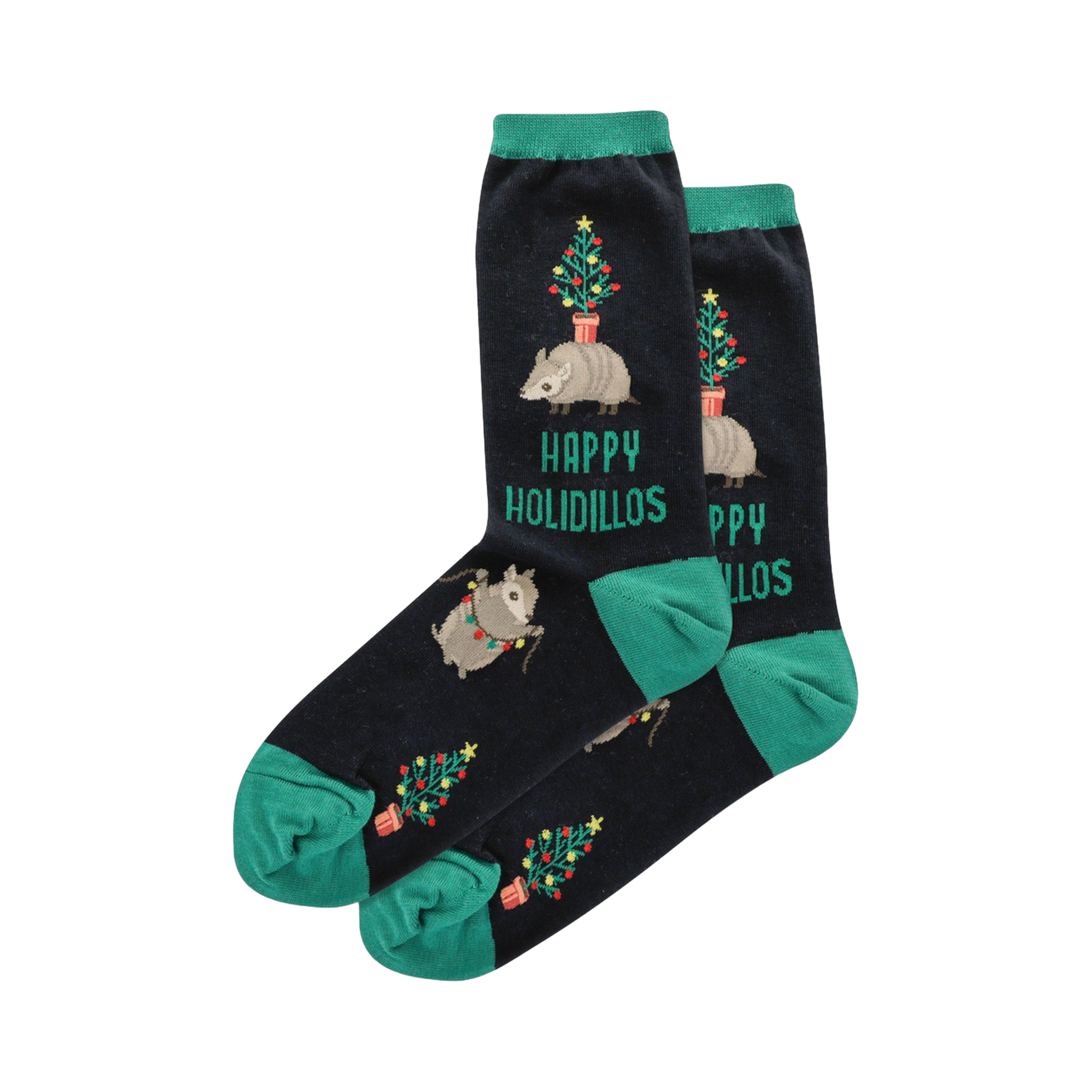 Crew socks in navy blue with teal cuffs.  Design includes armadillos carrying miniature Christmas trees and string lights.  'Happy Holidillos' is printed on the socks.