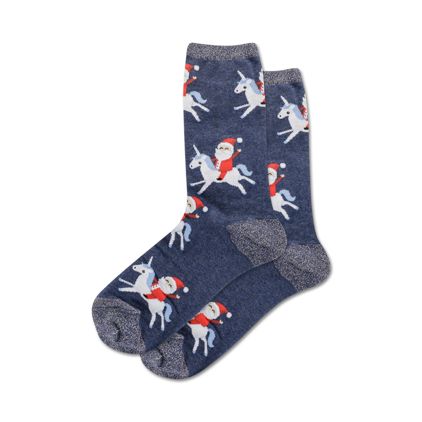Pair of navy blue crew socks with a festive design.  Santa Claus rides a unicorn, repeated across the sock in a whimsical pattern. Subtle sparkly detail on the cuff.
