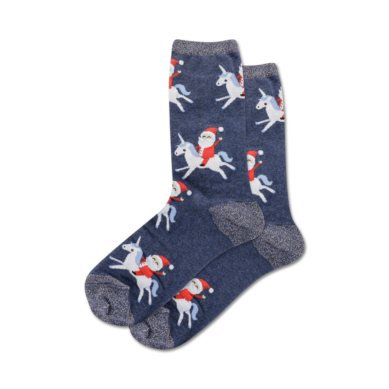Pair of navy blue crew socks with a festive design.  Santa Claus rides a unicorn, repeated across the sock in a whimsical pattern. Subtle sparkly detail on the cuff.