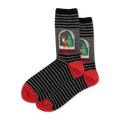 Pair of grey crew socks with black horizontal stripes, red heel and toe. Each sock features a reindeer and Christmas tree in a snowglobe.