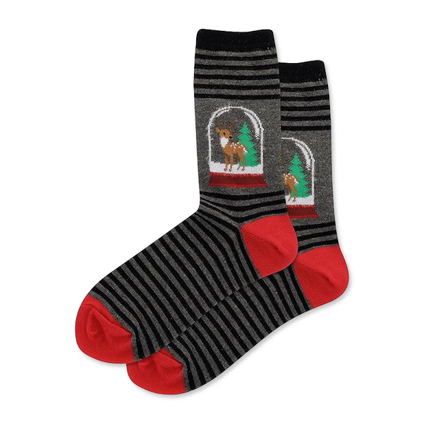 Pair of grey crew socks with black horizontal stripes, red heel and toe. Each sock features a reindeer and Christmas tree in a snowglobe.