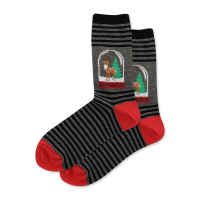 Pair of grey crew socks with black horizontal stripes, red heel and toe. Each sock features a reindeer and Christmas tree in a snowglobe.