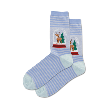 blue and white striped women's crew socks with reindeer in snow globe pattern.   