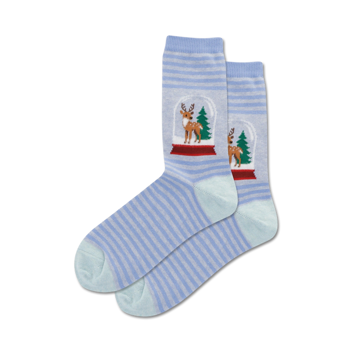 blue and white striped women's crew socks with reindeer in snow globe pattern.    }}