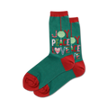 Pair of teal crew socks with red cuffs. Features a colorful 'Joy Peace Love' design incorporating Christmas ornaments and trees.