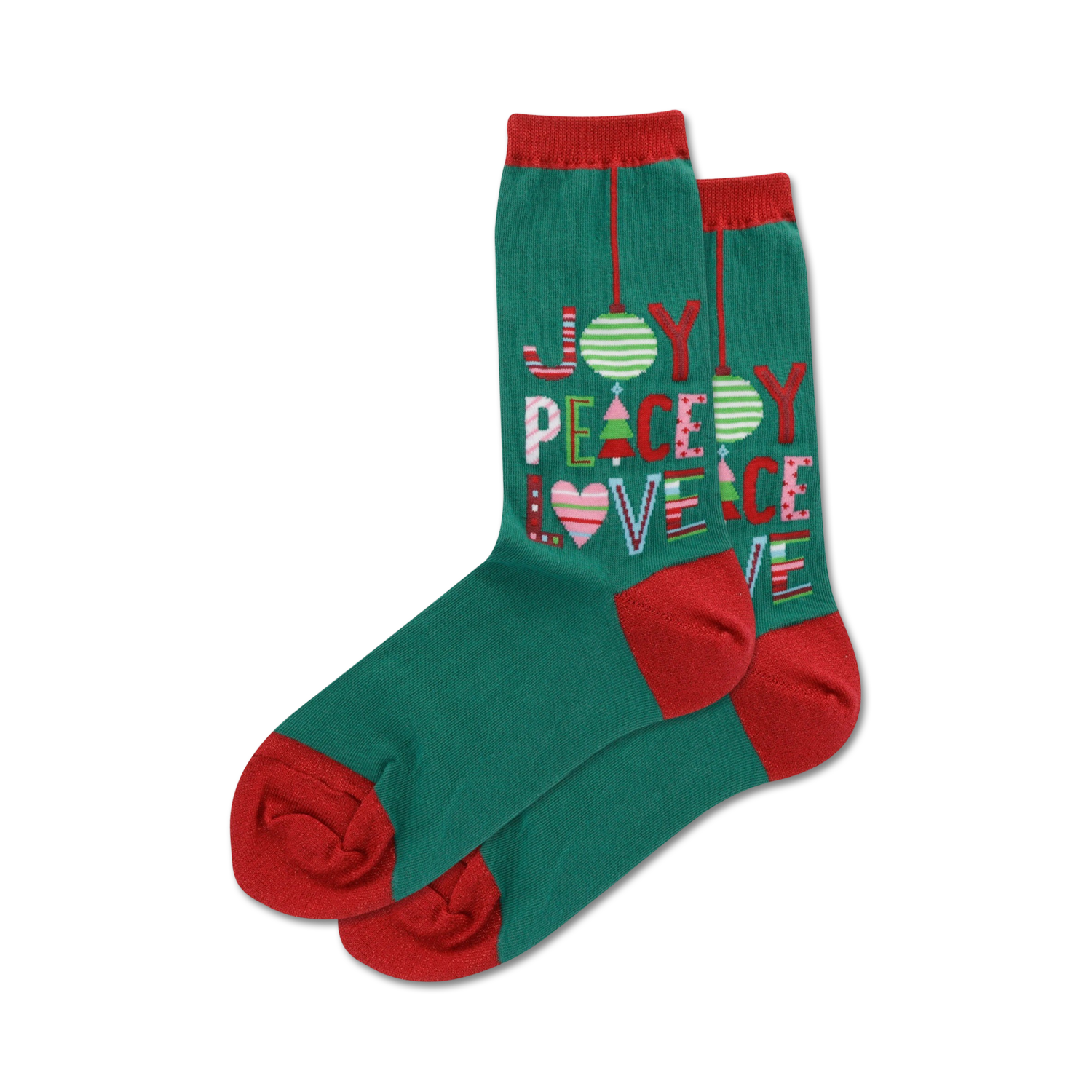 Pair of teal crew socks with red cuffs. Features a colorful 'Joy Peace Love' design incorporating Christmas ornaments and trees.