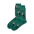 Pair of teal crew socks with a repeating pattern of toucans wearing Santa hats and ornaments hanging from branches.