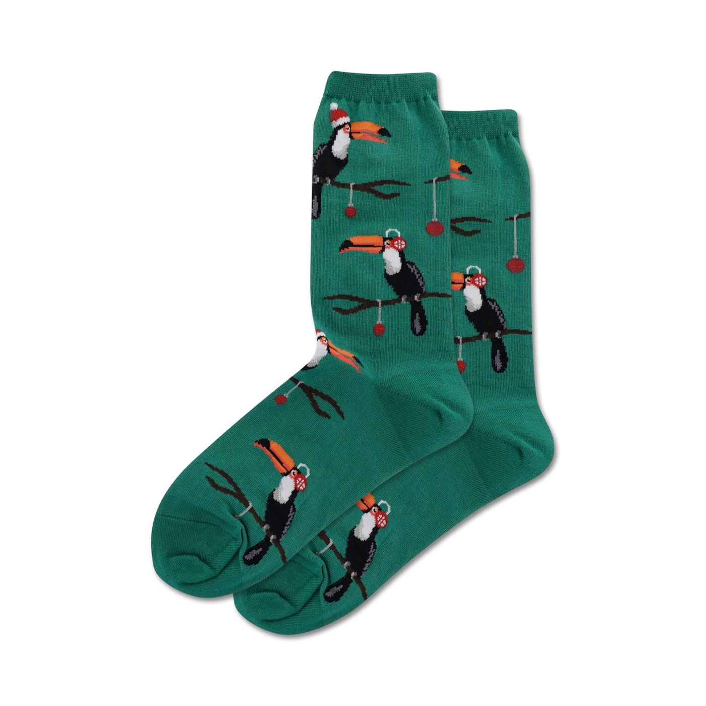 Pair of teal crew socks with a repeating pattern of toucans wearing Santa hats and ornaments hanging from branches.